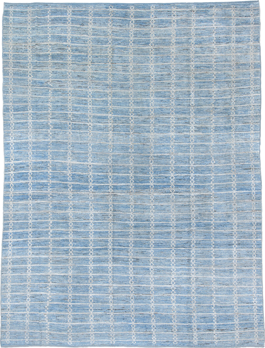 11' x 15' one-of-a-kind handmade vintage Tulu oversize rug. Color palette: sky blue, ivory, powder blue, pale blue, slate