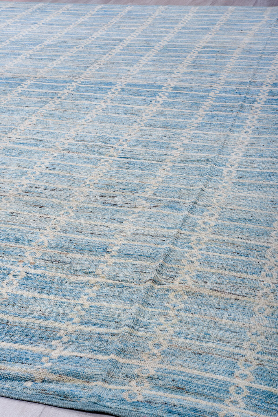 11' x 15' one-of-a-kind handmade vintage Tulu oversize rug. Color palette: sky blue, ivory, powder blue, pale blue, slate