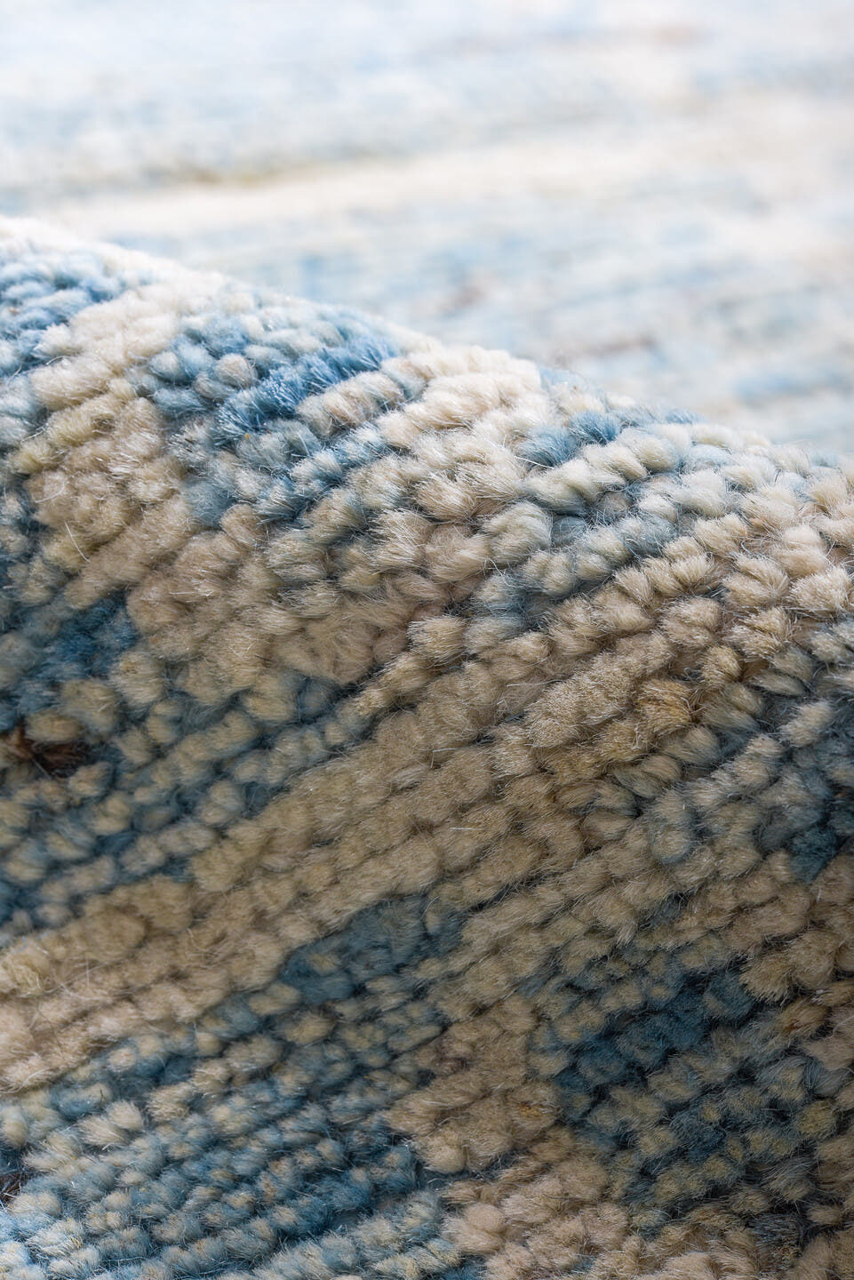 11' x 15' one-of-a-kind handmade vintage Tulu oversize rug. Color palette: sky blue, ivory, powder blue, pale blue, slate