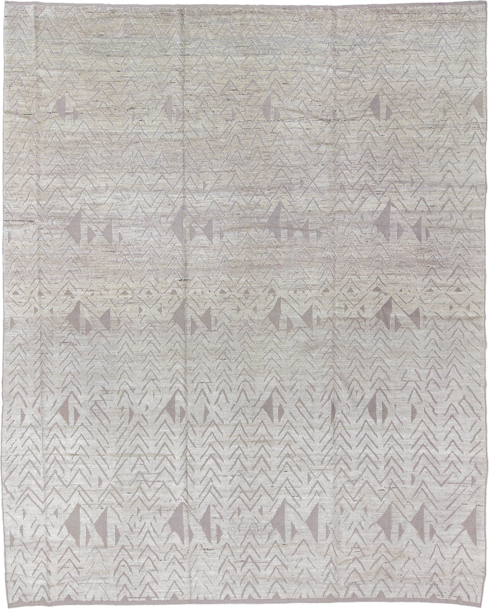 10' x 13' one-of-a-kind handmade vintage Tulu large size rug. Color palette: ivory, taupe, beige, stone, greige, gray
