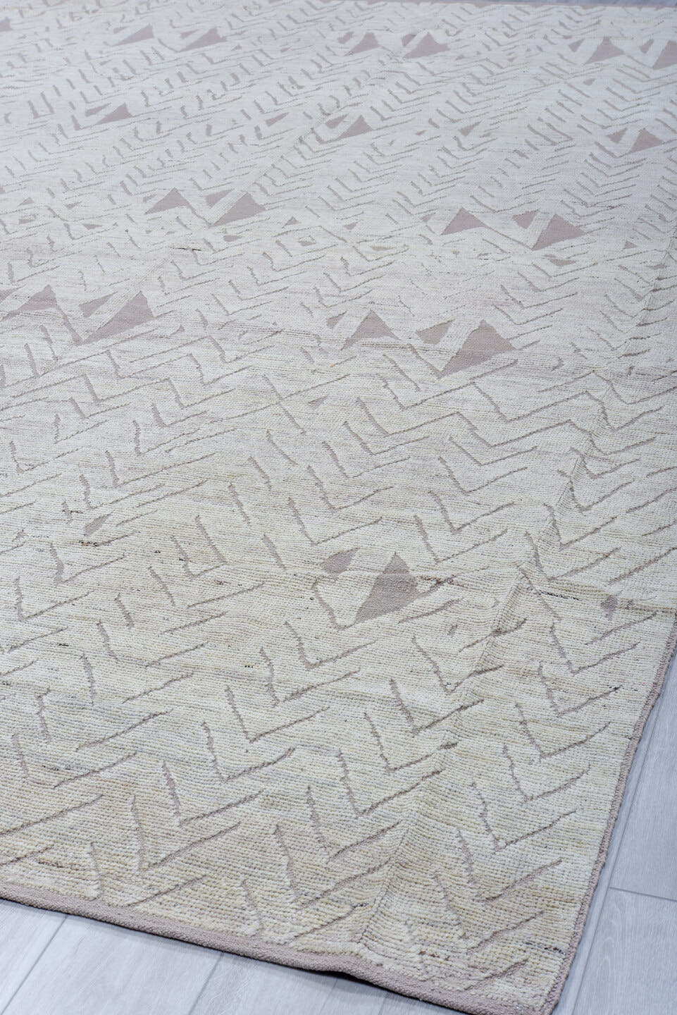 10' x 13' one-of-a-kind handmade vintage Tulu large size rug. Color palette: ivory, taupe, beige, stone, greige, gray