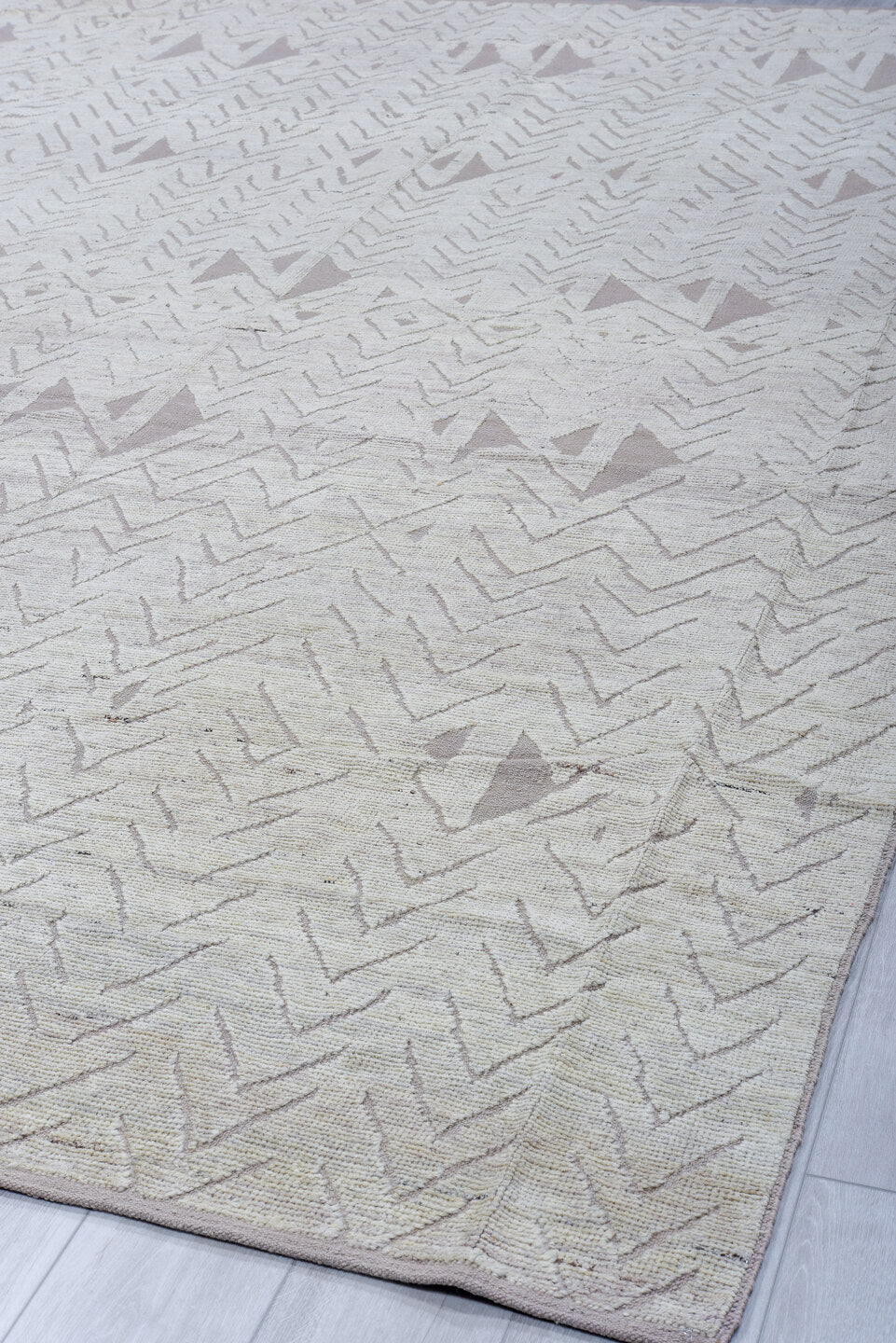 10' x 13' one-of-a-kind handmade vintage Tulu large size rug. Color palette: ivory, taupe, beige, stone, greige, gray