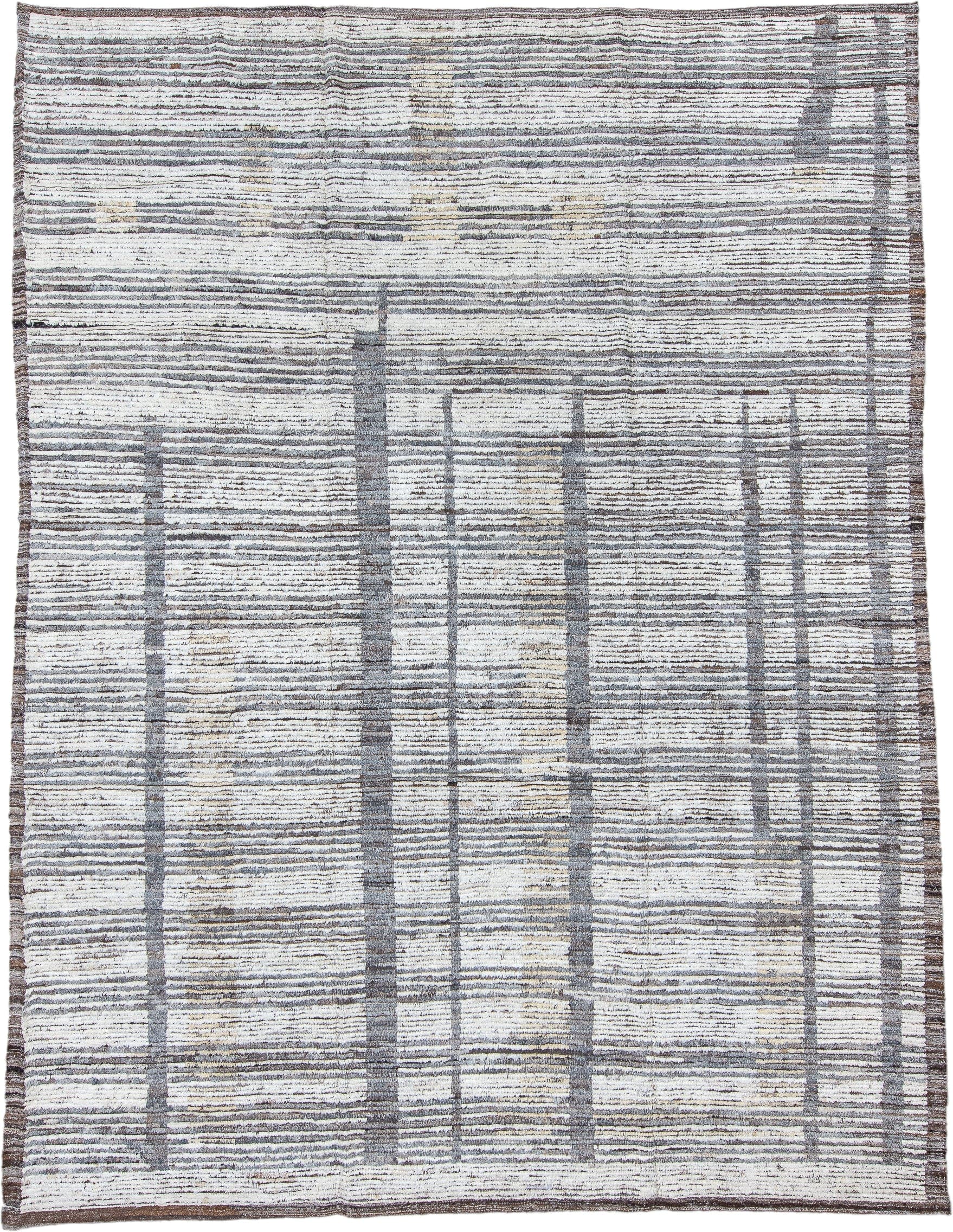 9' x 12' one-of-a-kind handmade vintage Tulu large size rug. Color palette: ivory, gray, charcoal, taupe, cream, beige
