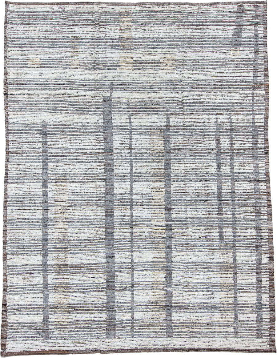 9' x 12' one-of-a-kind handmade vintage Tulu large size rug. Color palette: ivory, gray, charcoal, taupe, cream, beige