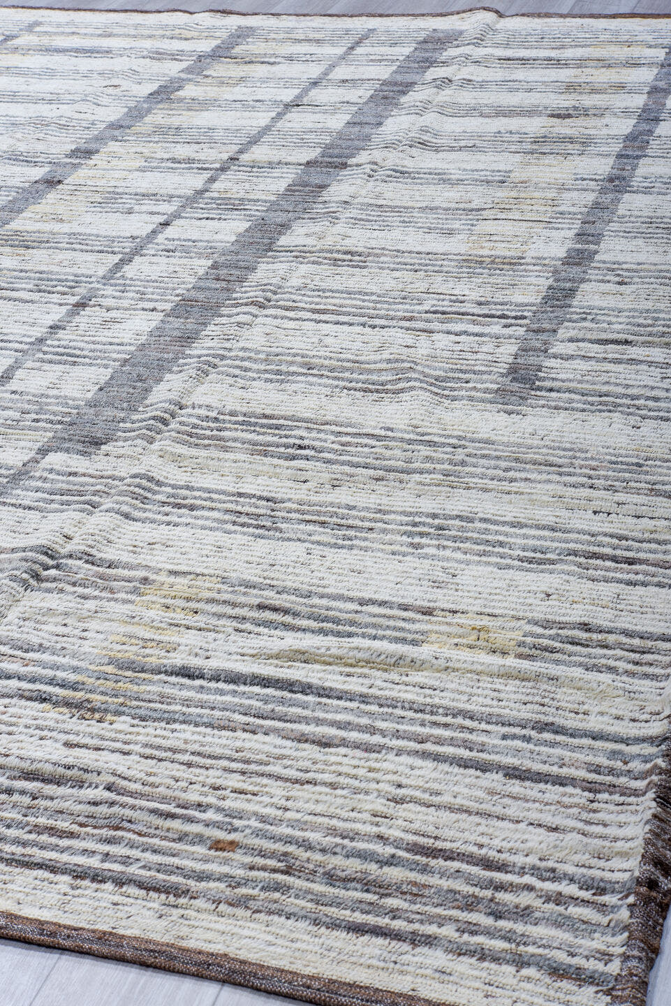 9' x 12' one-of-a-kind handmade vintage Tulu large size rug. Color palette: ivory, gray, charcoal, taupe, cream, beige