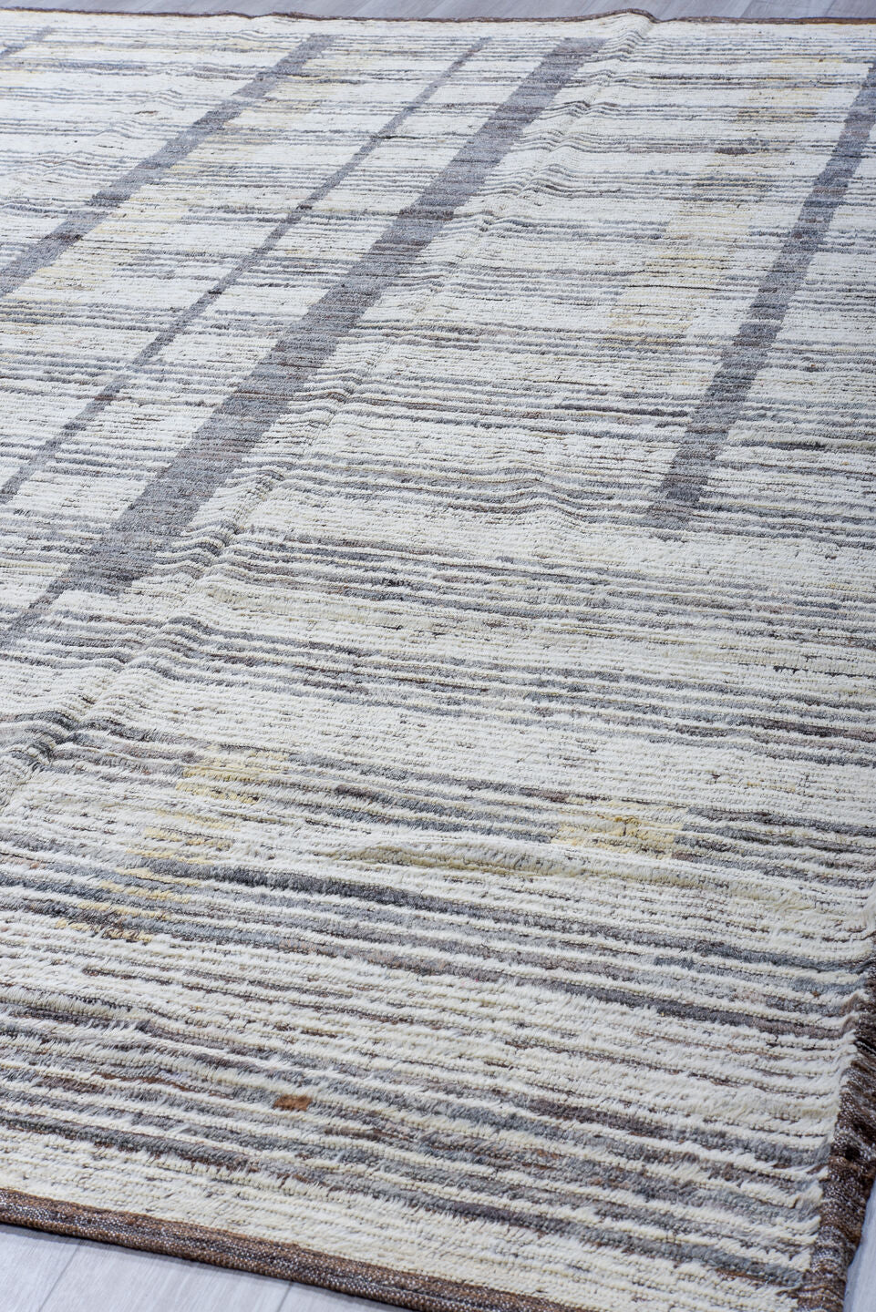 9' x 12' one-of-a-kind handmade vintage Tulu large size rug. Color palette: ivory, gray, charcoal, taupe, cream, beige