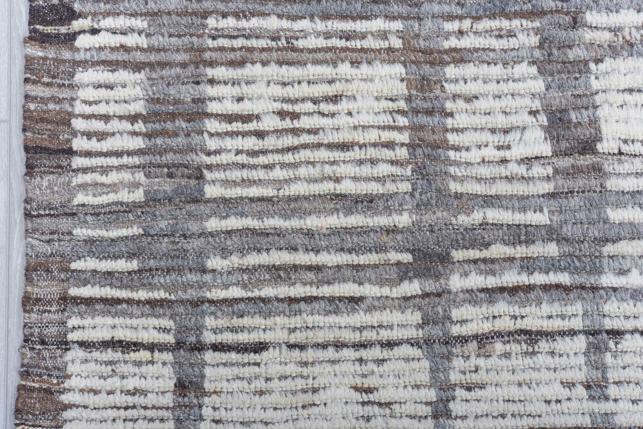 9' x 12' one-of-a-kind handmade vintage Tulu large size rug. Color palette: ivory, gray, charcoal, taupe, cream, beige