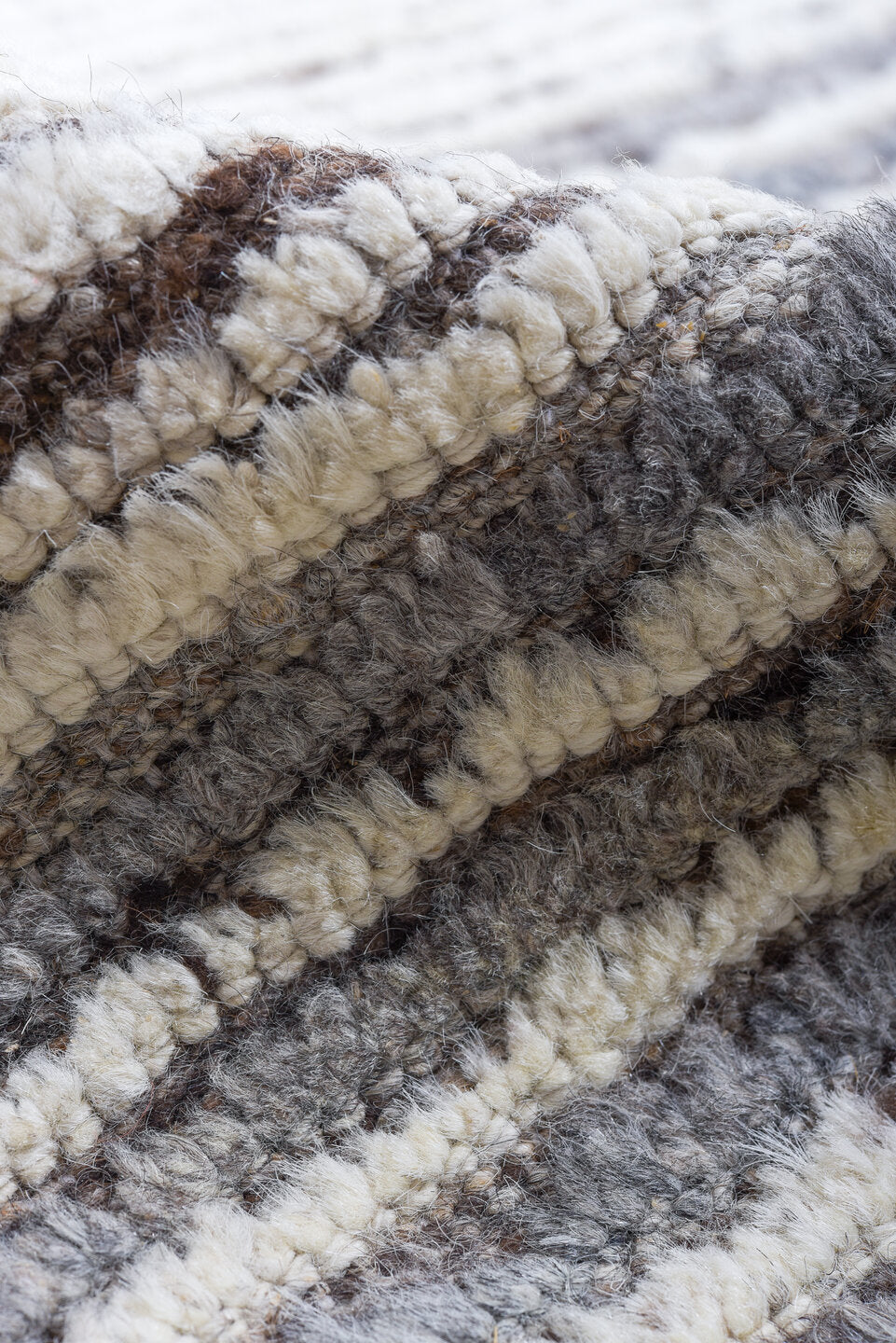 9' x 12' one-of-a-kind handmade vintage Tulu large size rug. Color palette: ivory, gray, charcoal, taupe, cream, beige