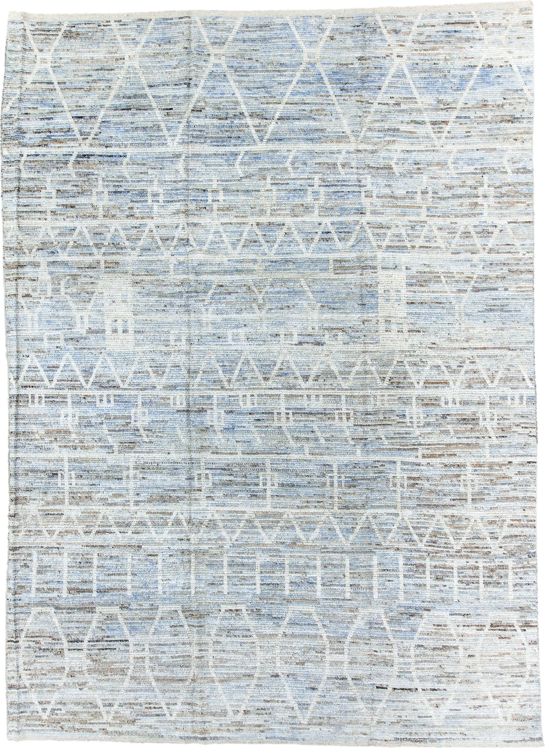 10' x 14' one-of-a-kind handmade vintage Tulu large size rug. Color palette: ivory, light blue, taupe, brown, cream, gray
