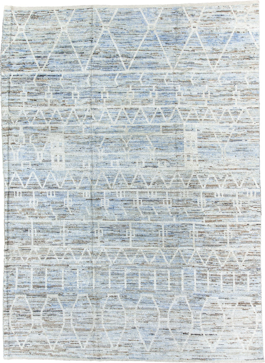 10' x 14' one-of-a-kind handmade vintage Tulu large size rug. Color palette: ivory, light blue, taupe, brown, cream, gray
