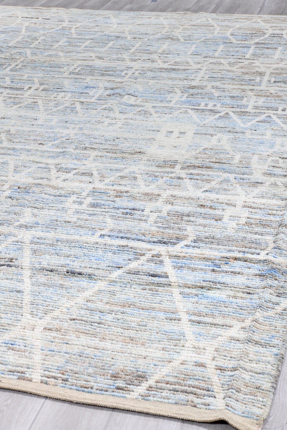 10' x 14' one-of-a-kind handmade vintage Tulu large size rug. Color palette: ivory, light blue, taupe, brown, cream, gray