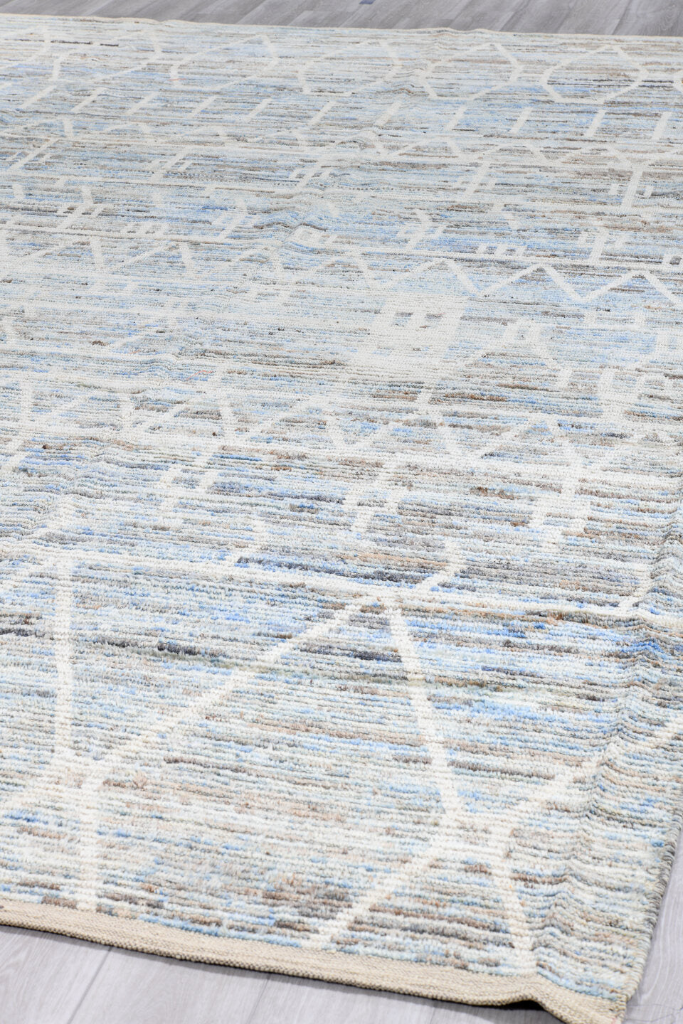 10' x 14' one-of-a-kind handmade vintage Tulu large size rug. Color palette: ivory, light blue, taupe, brown, cream, gray
