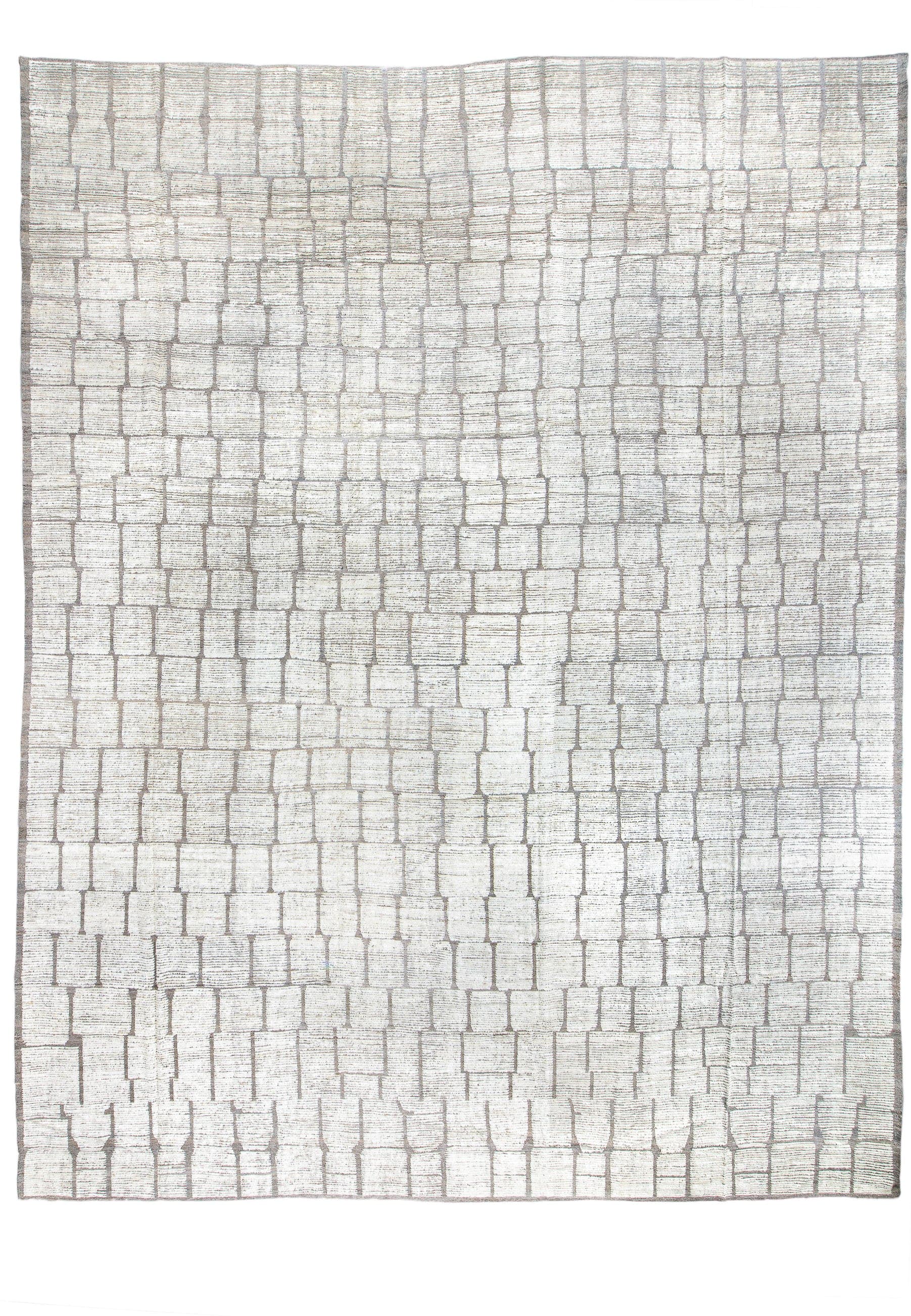16' x 20' one-of-a-kind handmade vintage Tulu oversize rug. Color palette: ivory, taupe, gray, cream, beige