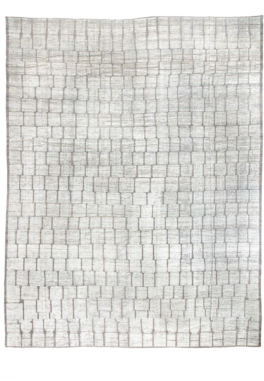 16' x 20' one-of-a-kind handmade vintage Tulu oversize rug. Color palette: ivory, taupe, gray, cream, beige