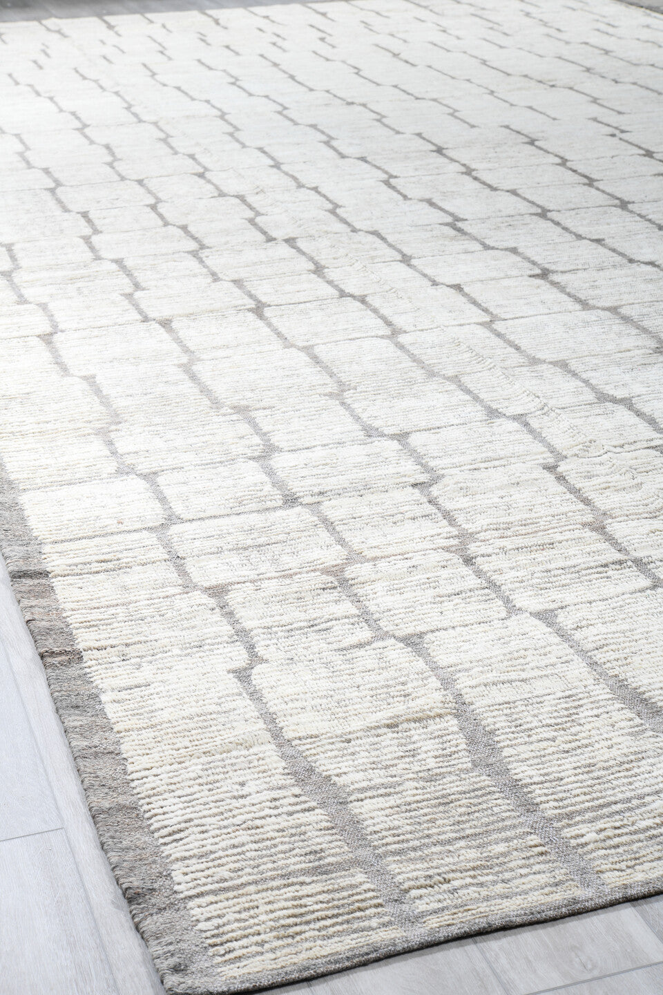 16' x 20' one-of-a-kind handmade vintage Tulu oversize rug. Color palette: ivory, taupe, gray, cream, beige