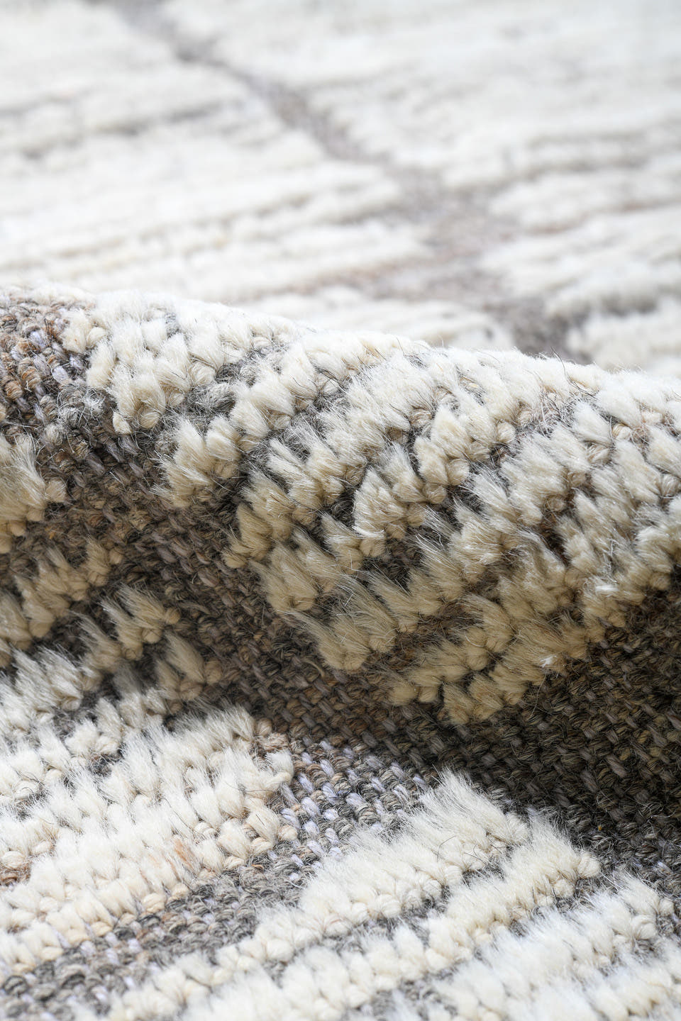 16' x 20' one-of-a-kind handmade vintage Tulu oversize rug. Color palette: ivory, taupe, gray, cream, beige