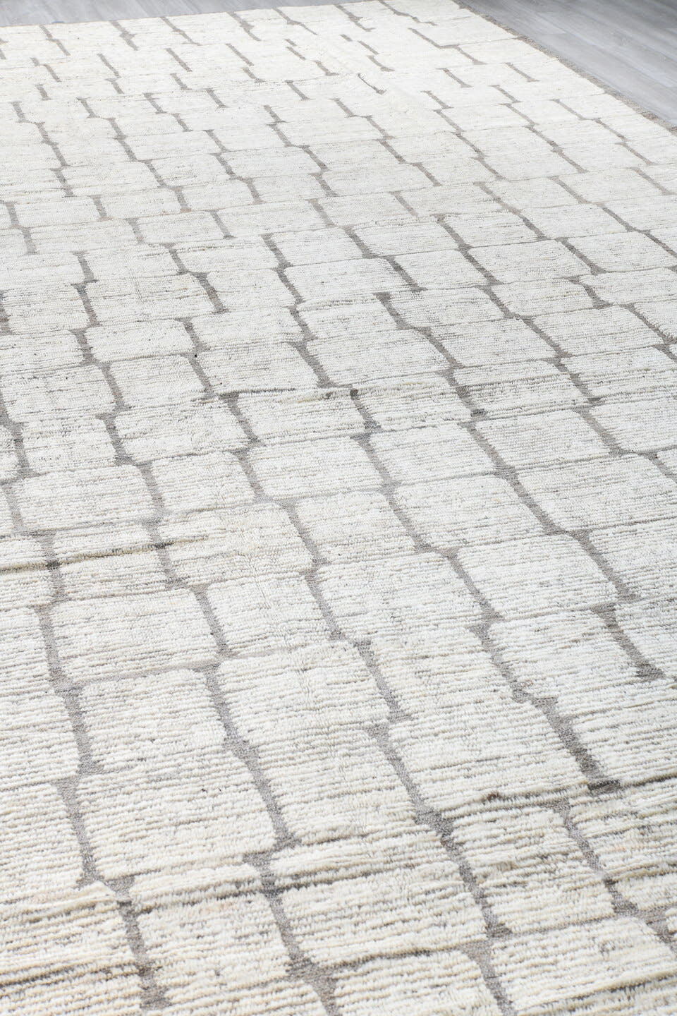 16' x 20' one-of-a-kind handmade vintage Tulu oversize rug. Color palette: ivory, taupe, gray, cream, beige