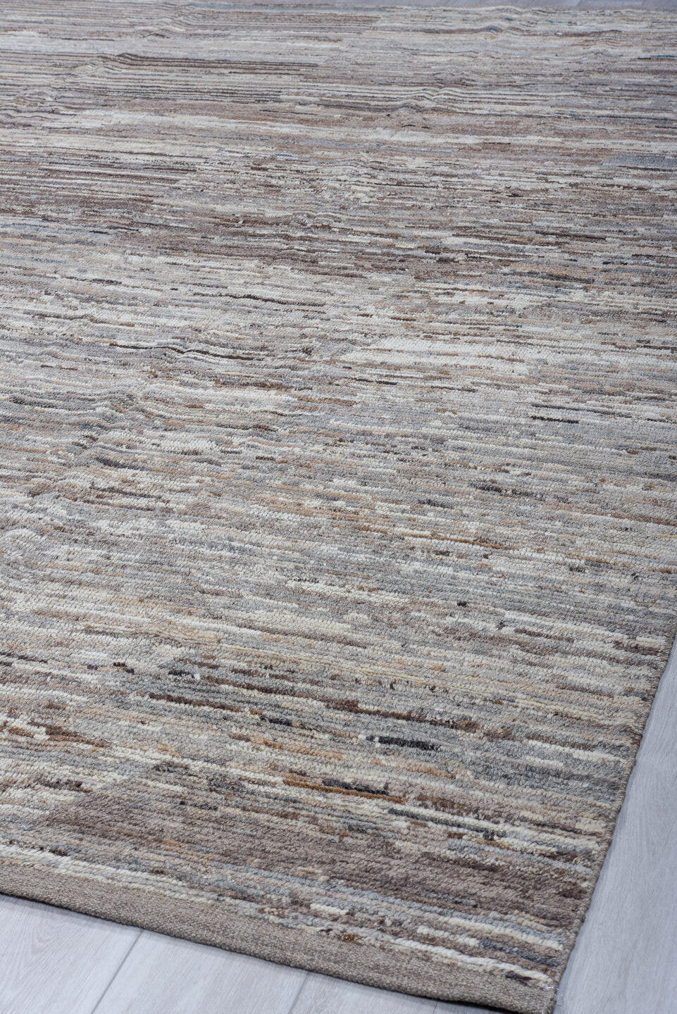 8' x 12' one-of-a-kind handmade vintage Tulu large size rug. Color palette: ivory, taupe, gray, brown, charcoal, slate