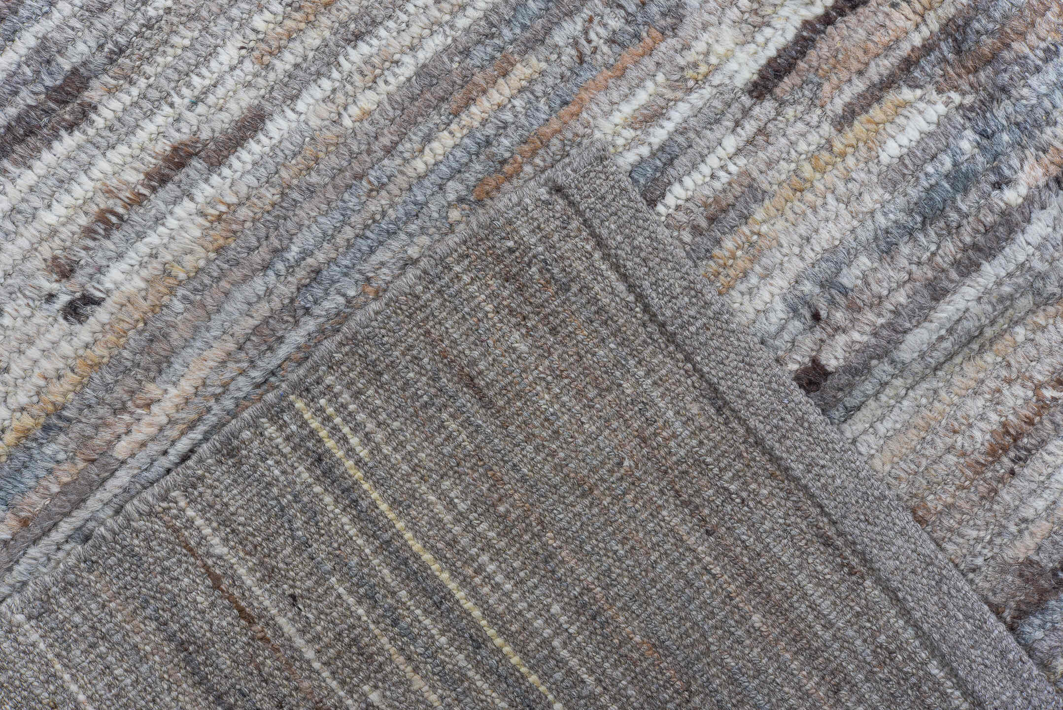 8' x 12' one-of-a-kind handmade vintage Tulu large size rug. Color palette: ivory, taupe, gray, brown, charcoal, slate