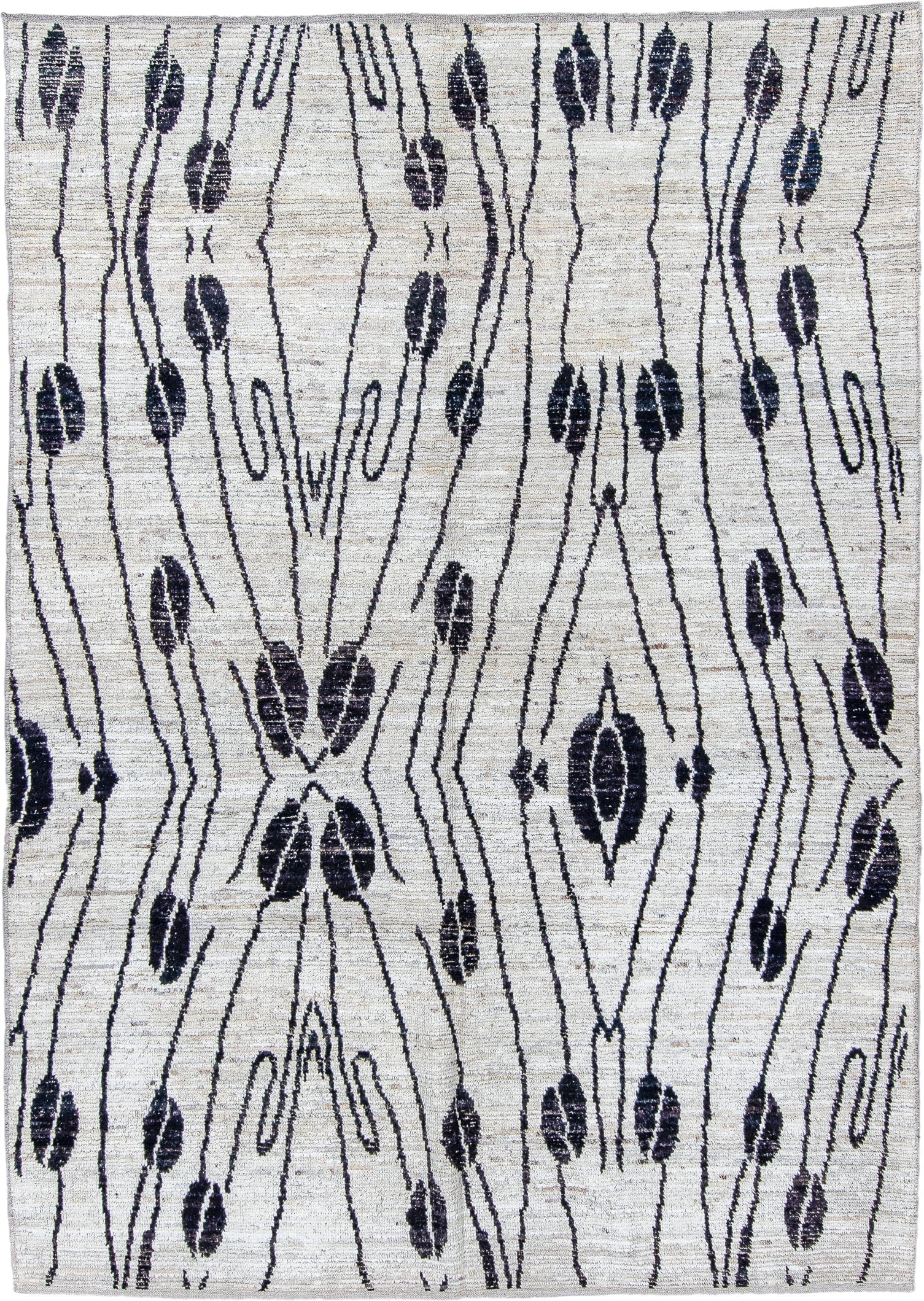 6' x 9' one-of-a-kind handmade vintage Tulu medium size rug. Color palette: ivory, charcoal, cream, taupe, gray, black