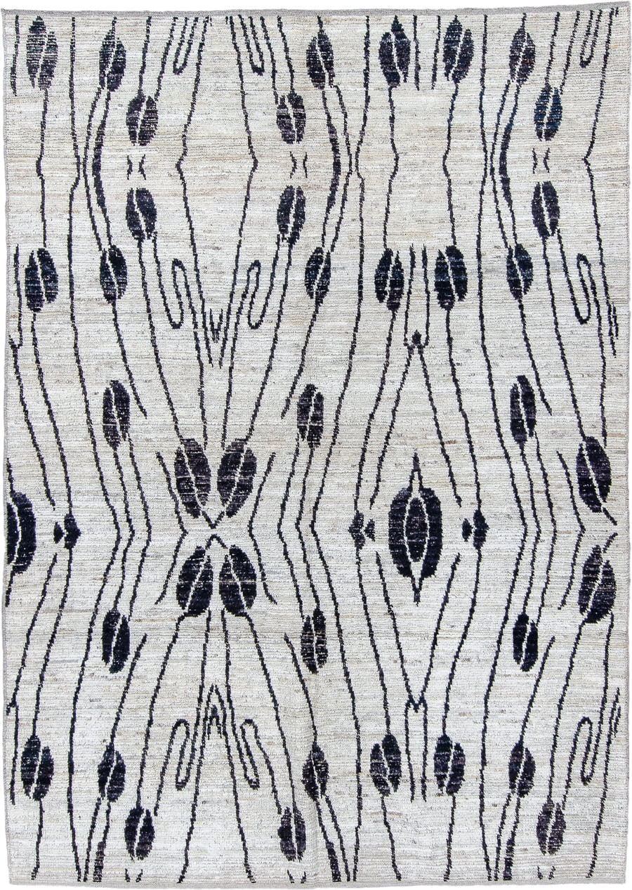 6' x 9' one-of-a-kind handmade vintage Tulu medium size rug. Color palette: ivory, charcoal, cream, taupe, gray, black