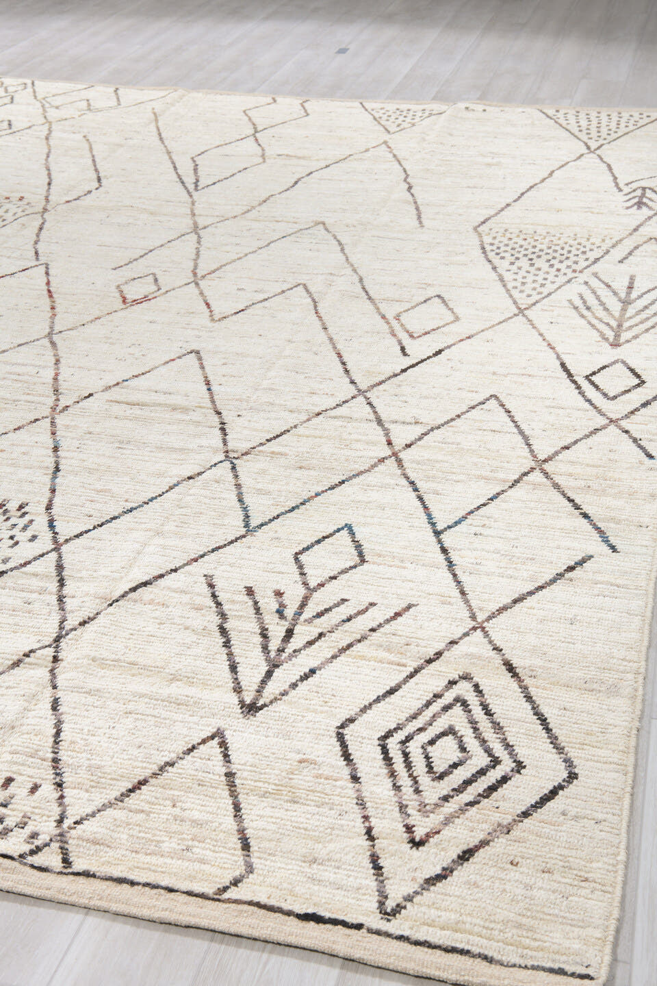 10' x 14' one-of-a-kind handmade vintage Tulu large size rug. Color palette: ivory, charcoal, taupe, brown, camel, gray