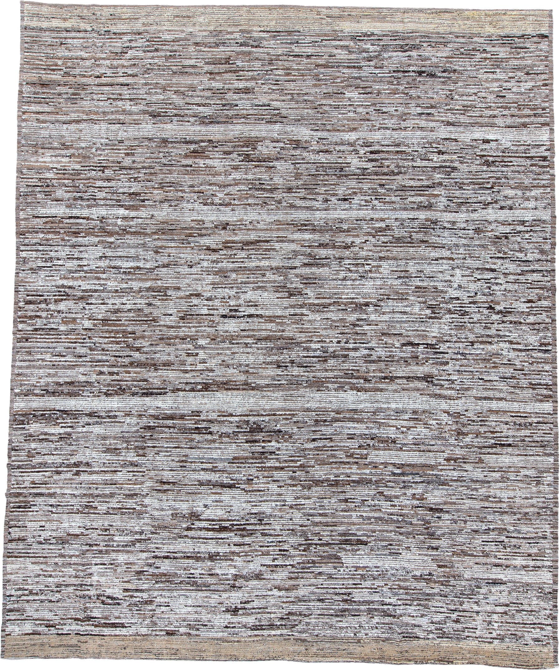 12' x 14' one-of-a-kind handmade vintage Tulu oversize rug. Color palette: ivory, taupe, brown, camel, charcoal, beige, gray