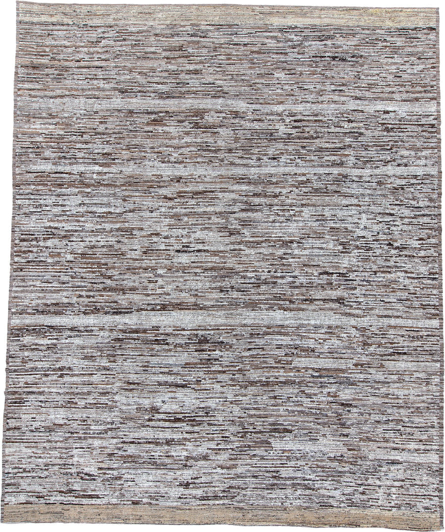 12' x 14' one-of-a-kind handmade vintage Tulu oversize rug. Color palette: ivory, taupe, brown, camel, charcoal, beige, gray