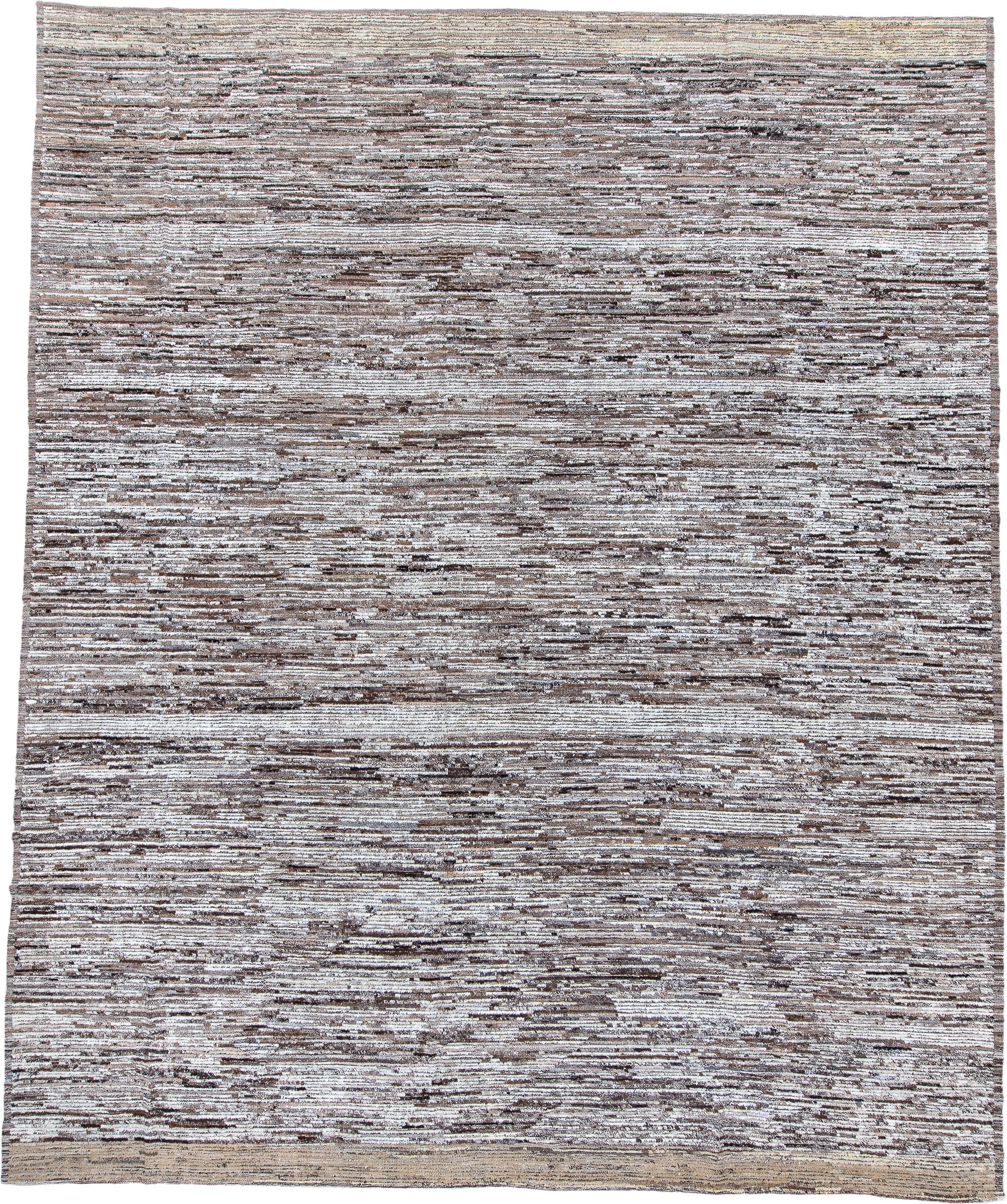 12' x 14' one-of-a-kind handmade vintage Tulu oversize rug. Color palette: ivory, taupe, brown, camel, charcoal, beige, gray