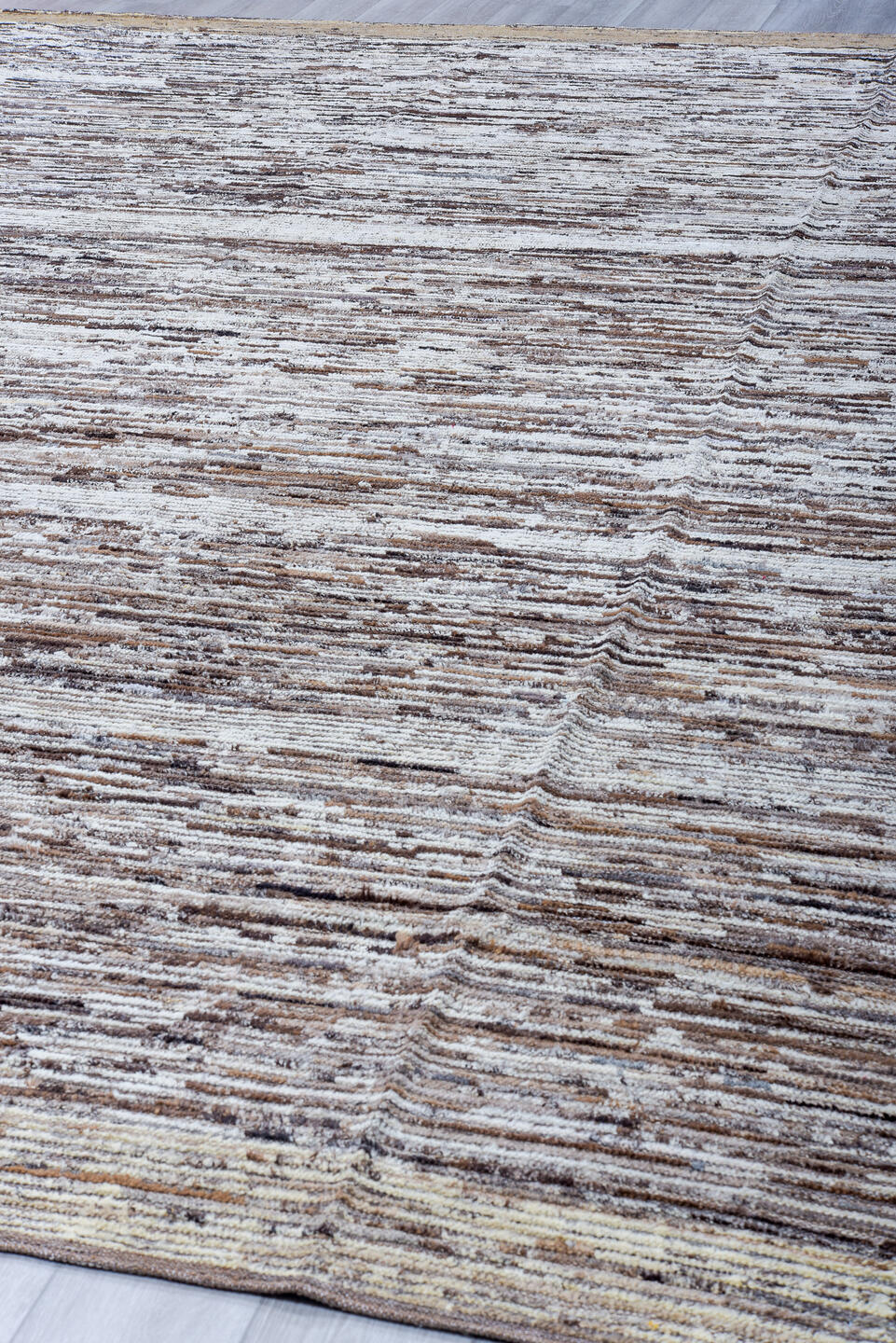 12' x 14' one-of-a-kind handmade vintage Tulu oversize rug. Color palette: ivory, taupe, brown, camel, charcoal, beige, gray