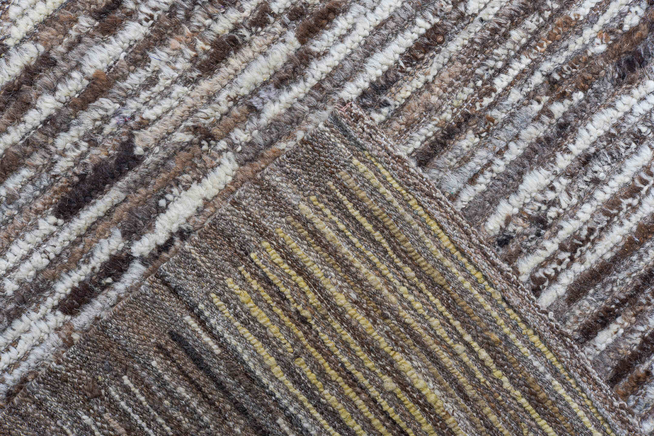 12' x 14' one-of-a-kind handmade vintage Tulu oversize rug. Color palette: ivory, taupe, brown, camel, charcoal, beige, gray
