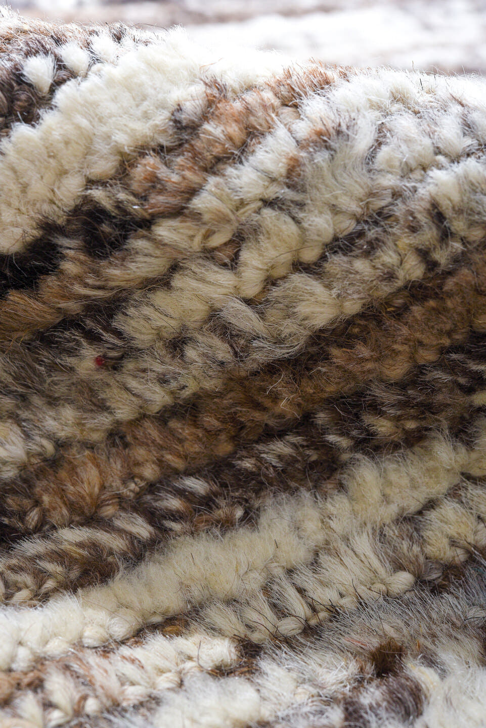 12' x 14' one-of-a-kind handmade vintage Tulu oversize rug. Color palette: ivory, taupe, brown, camel, charcoal, beige, gray