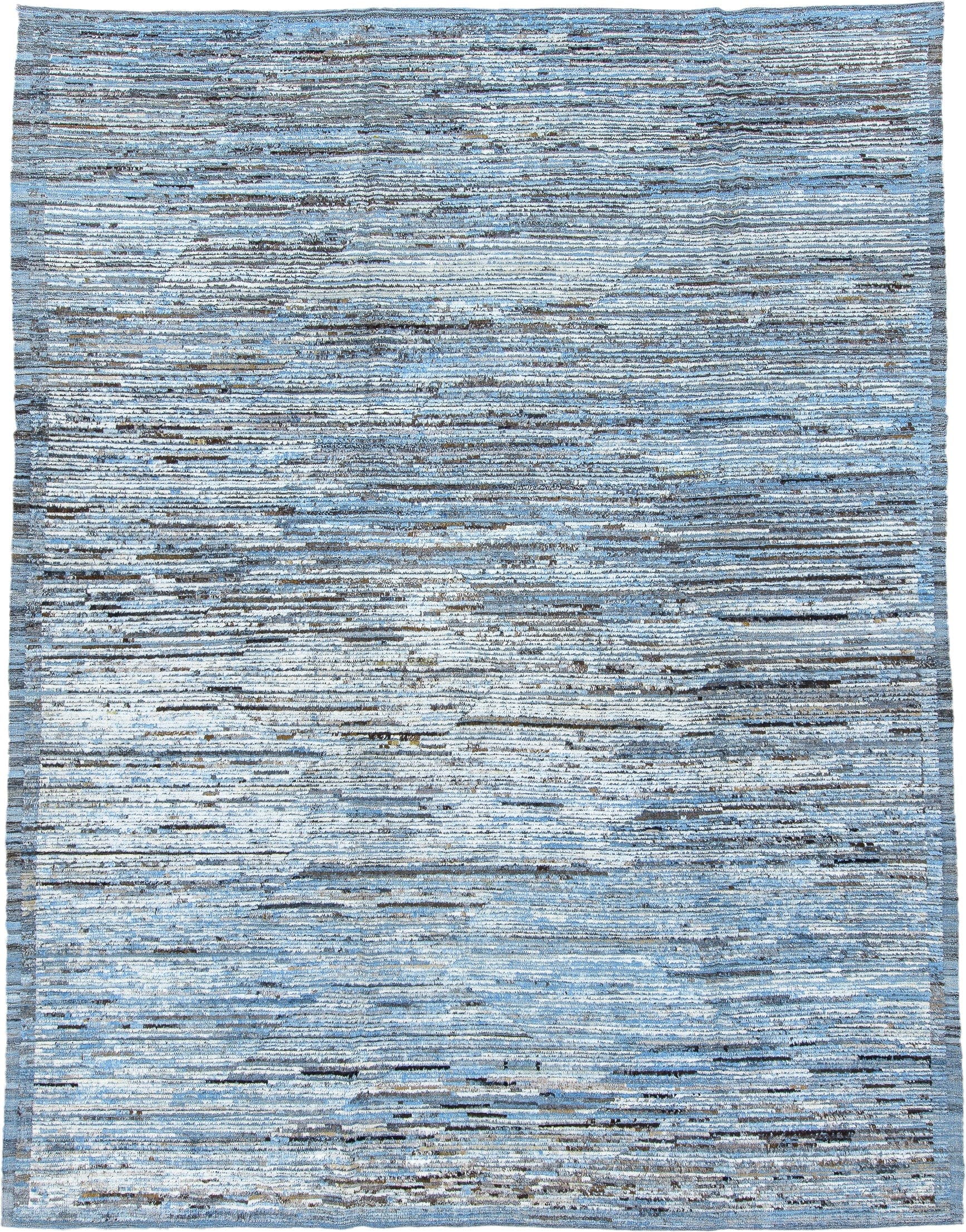 9' x 12' one-of-a-kind handmade vintage Tulu large size rug. Color palette: sky blue, ivory, charcoal, slate, steel blue