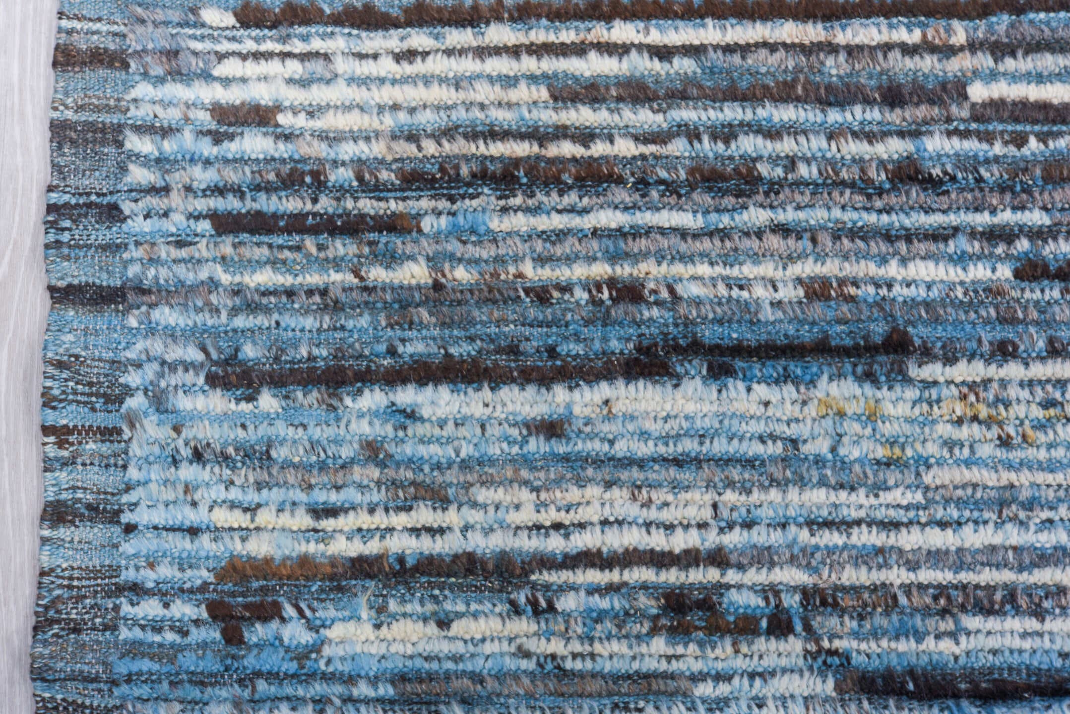 9' x 12' one-of-a-kind handmade vintage Tulu large size rug. Color palette: sky blue, ivory, charcoal, slate, steel blue