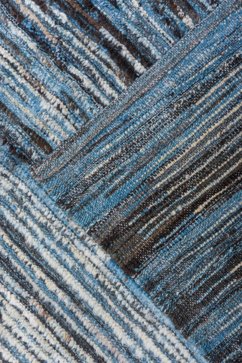 9' x 12' one-of-a-kind handmade vintage Tulu large size rug. Color palette: sky blue, ivory, charcoal, slate, steel blue