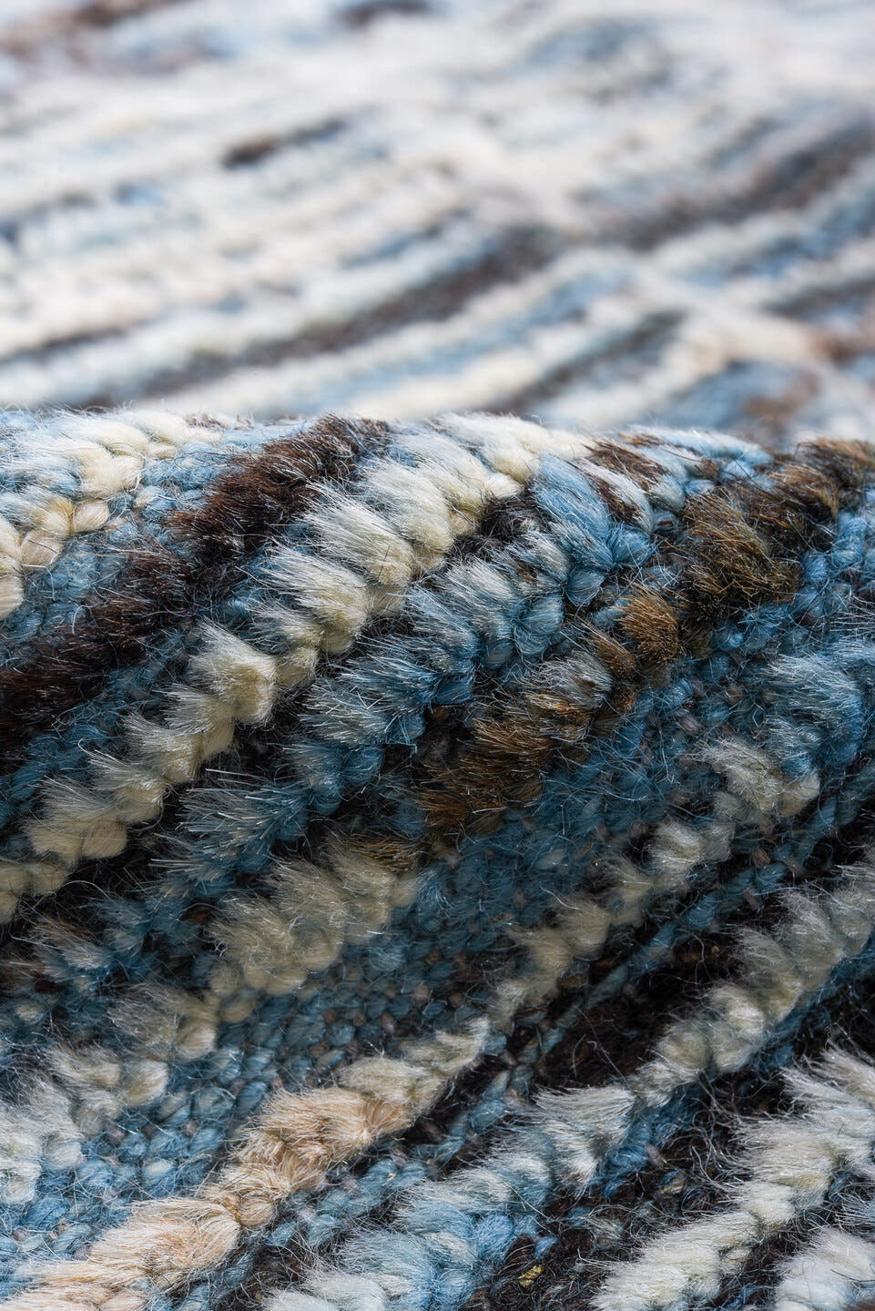 9' x 12' one-of-a-kind handmade vintage Tulu large size rug. Color palette: sky blue, ivory, charcoal, slate, steel blue