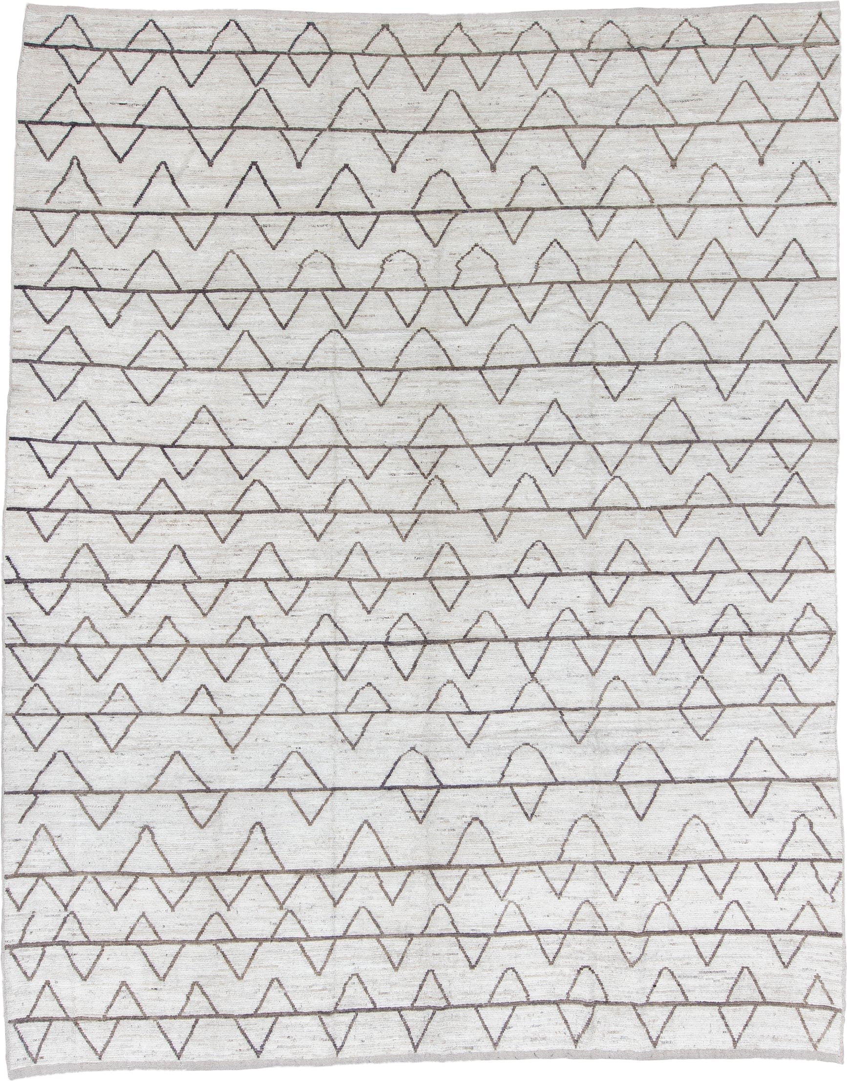 11' x 13' one-of-a-kind handmade vintage Tulu oversize rug. Color palette: ivory, taupe, beige, camel, gray