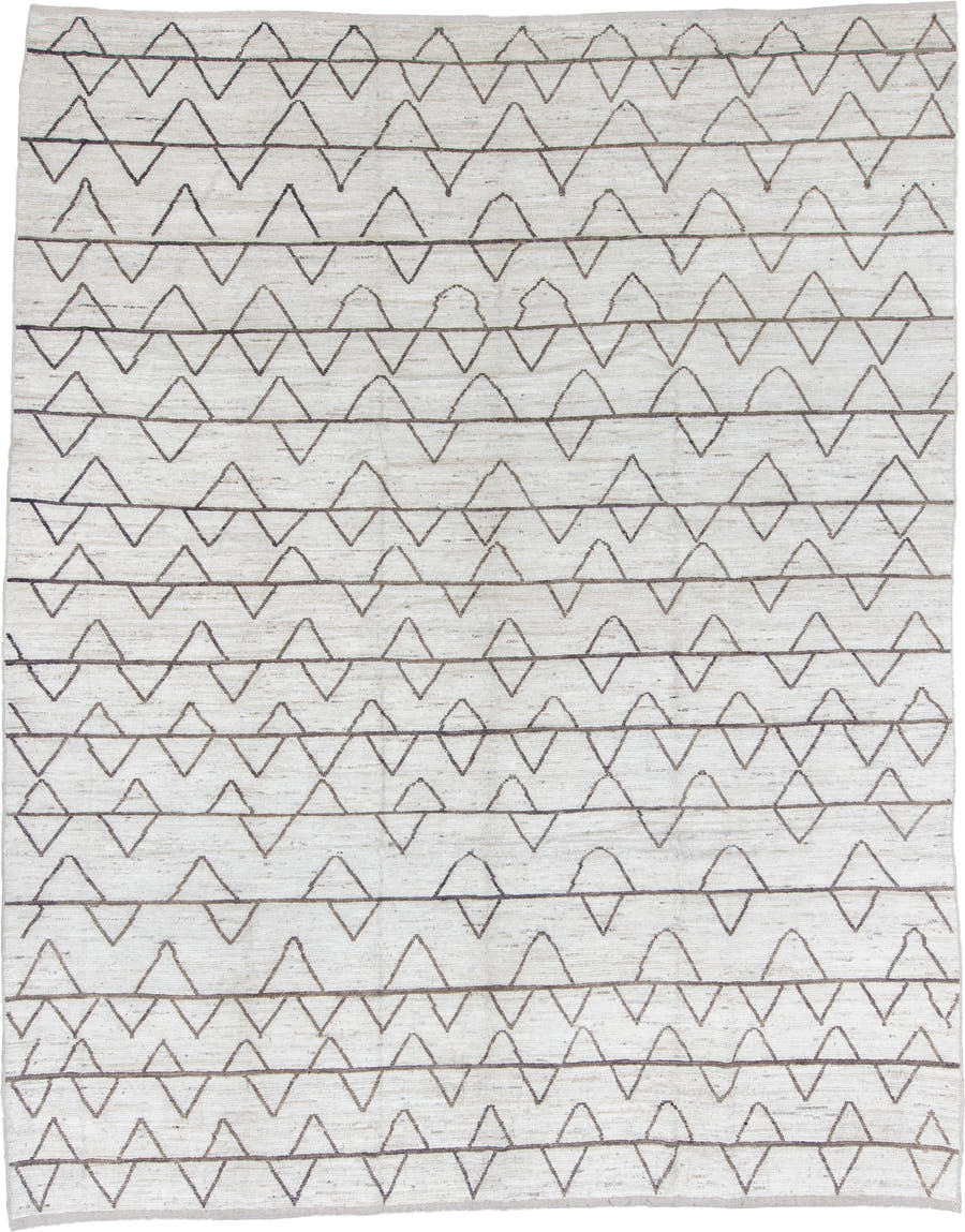 11' x 13' one-of-a-kind handmade vintage Tulu oversize rug. Color palette: ivory, taupe, beige, camel, gray