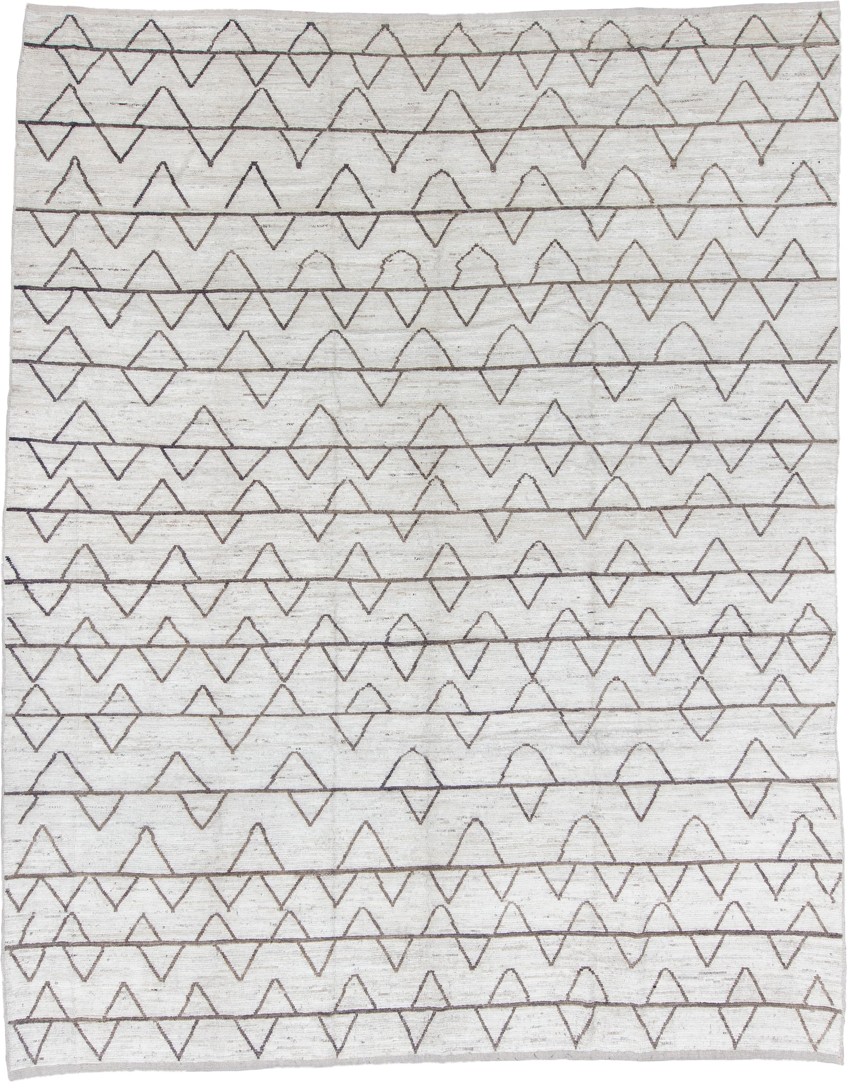 11' x 13' one-of-a-kind handmade vintage Tulu oversize rug. Color palette: ivory, taupe, beige, camel, gray
