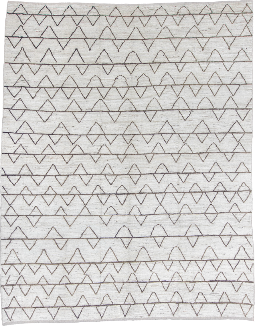 11' x 13' one-of-a-kind handmade vintage Tulu oversize rug. Color palette: black, dark gray, gainsboro, gray, light gray