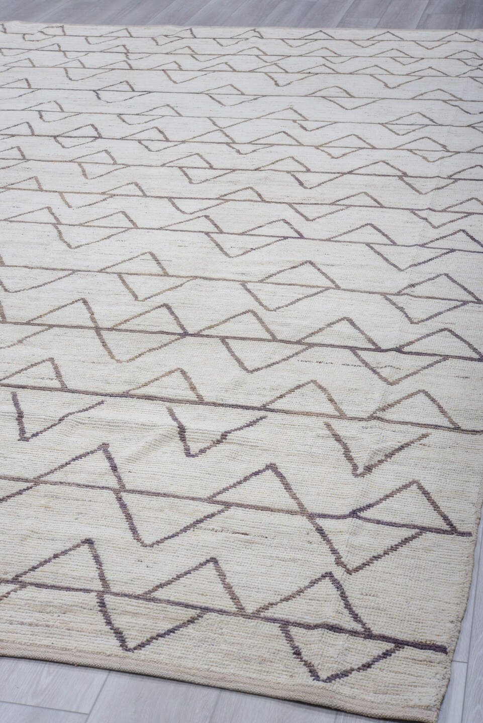 11' x 13' one-of-a-kind handmade vintage Tulu oversize rug. Color palette: ivory, taupe, beige, camel, gray