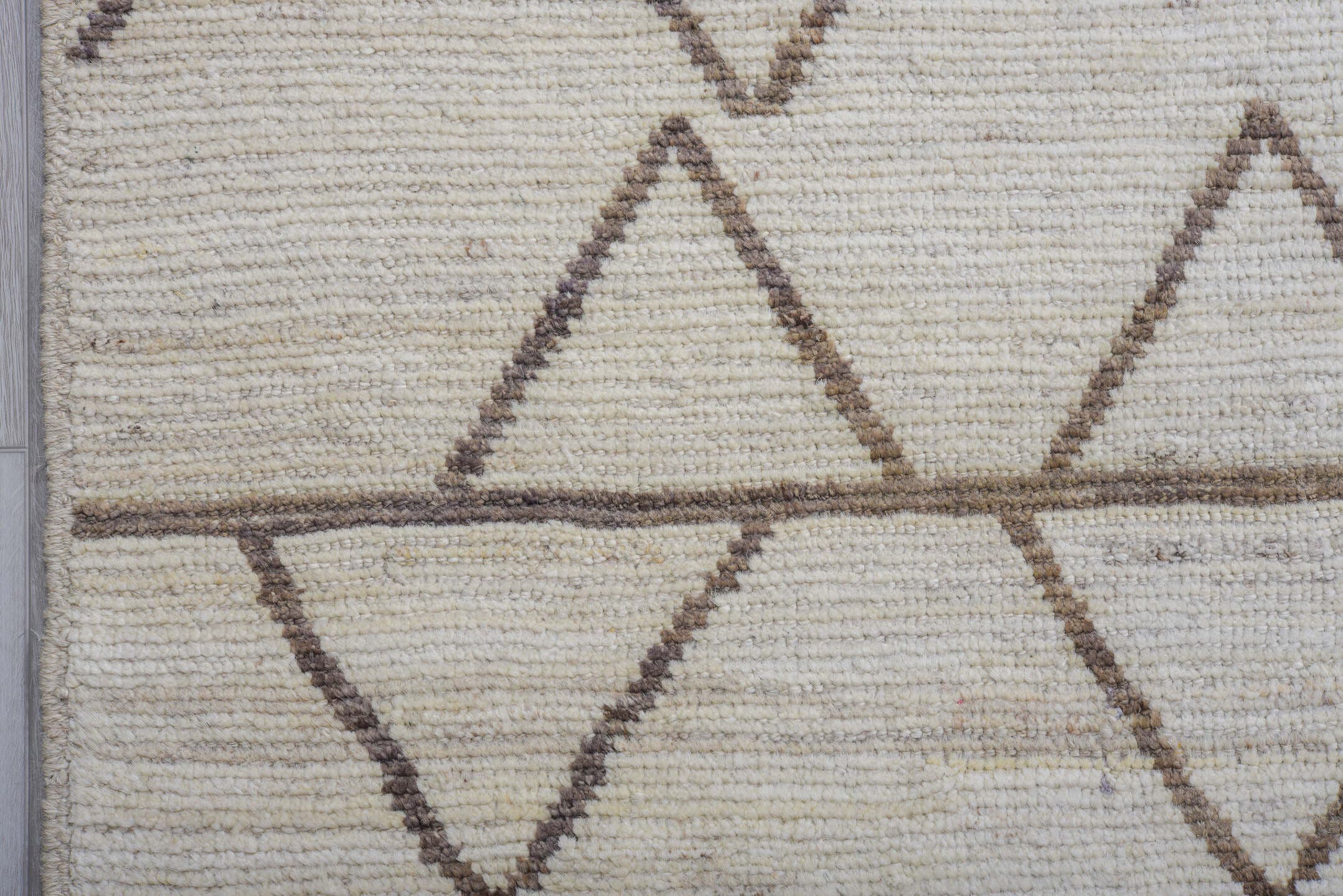 11' x 13' one-of-a-kind handmade vintage Tulu oversize rug. Color palette: ivory, taupe, beige, camel, gray