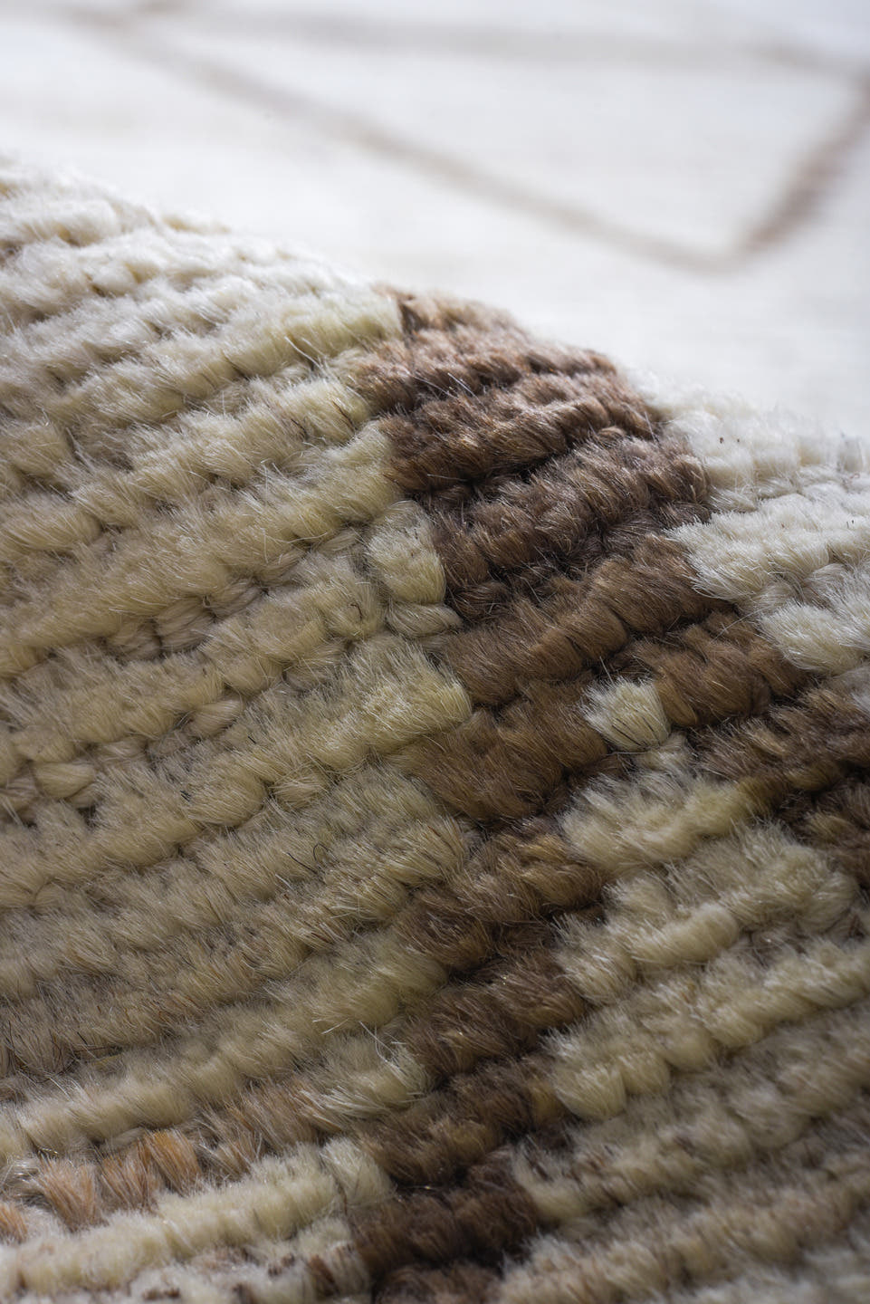 11' x 13' one-of-a-kind handmade vintage Tulu oversize rug. Color palette: ivory, taupe, beige, camel, gray