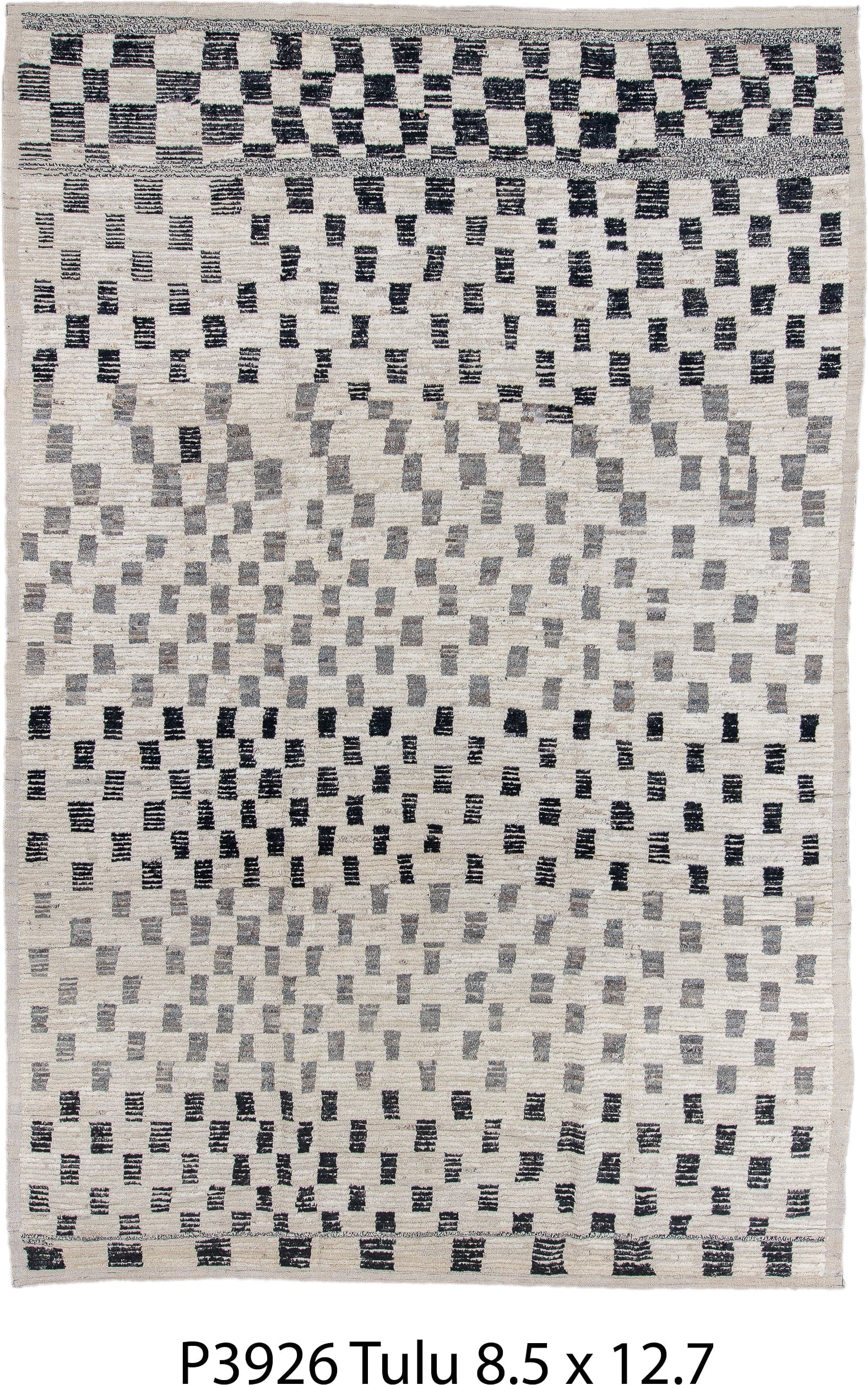8' x 12' one-of-a-kind handmade vintage Tulu large size rug. Color palette: ivory, charcoal, gray, cream, black