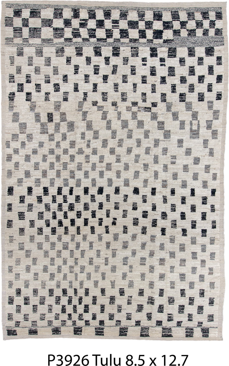 8' x 12' one-of-a-kind handmade vintage Tulu large size rug. Color palette: ivory, charcoal, gray, cream, black