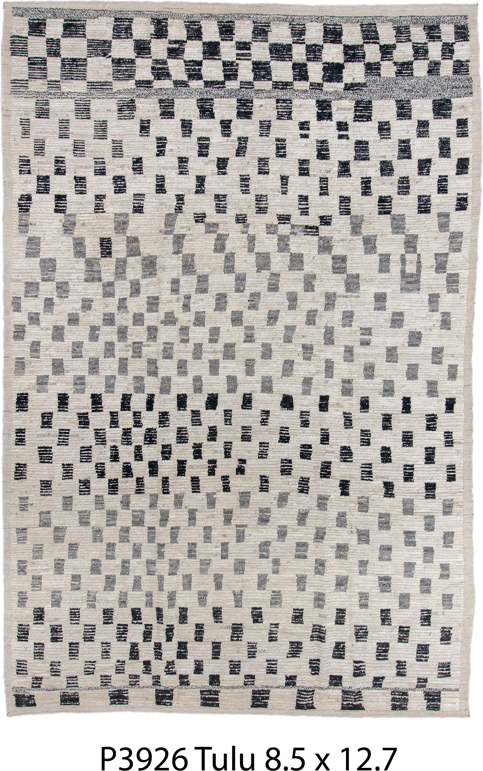 8' x 12' one-of-a-kind handmade vintage Tulu large size rug. Color palette: ivory, charcoal, gray, cream, black