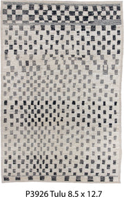 8' x 12' one-of-a-kind handmade vintage Tulu large size rug. Color palette: ivory, charcoal, gray, cream, black