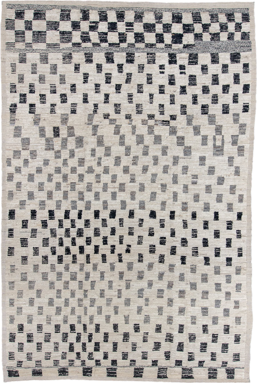 8' x 12' one-of-a-kind handmade vintage Tulu large size rug. Color palette: ivory, charcoal, gray, cream, black
