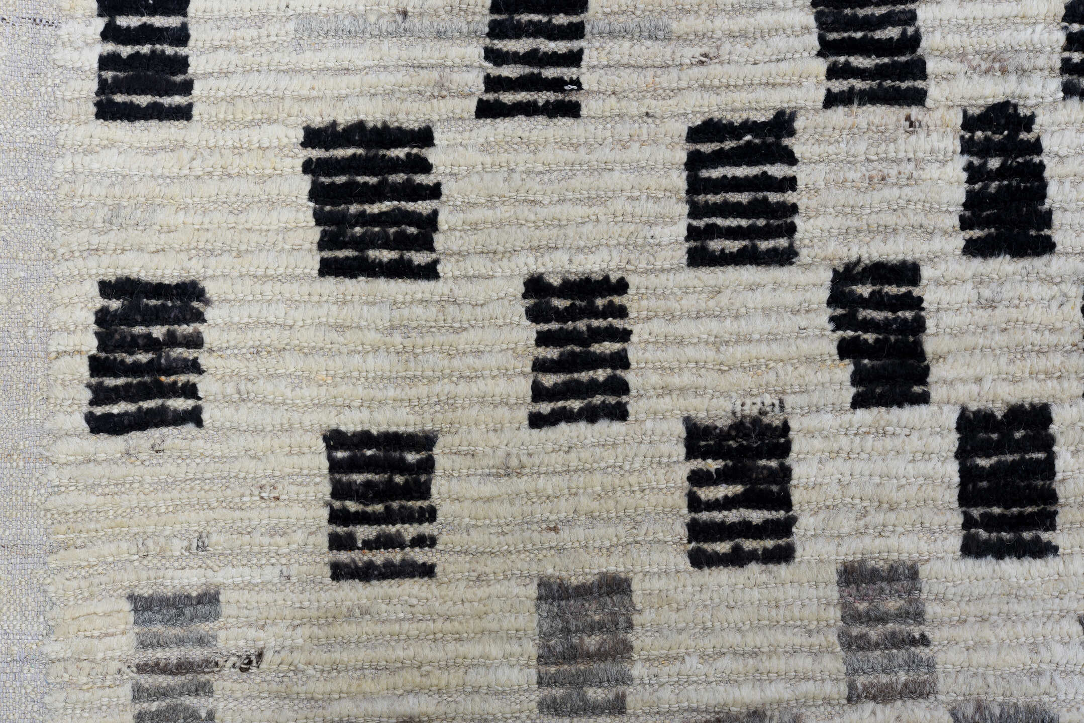 8' x 12' one-of-a-kind handmade vintage Tulu large size rug. Color palette: ivory, charcoal, gray, cream, black