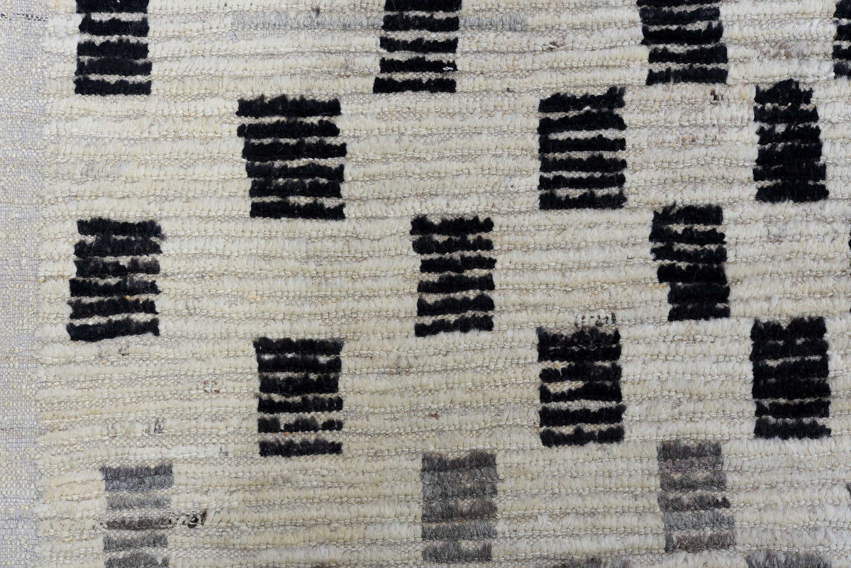 8' x 12' one-of-a-kind handmade vintage Tulu large size rug. Color palette: ivory, charcoal, gray, cream, black
